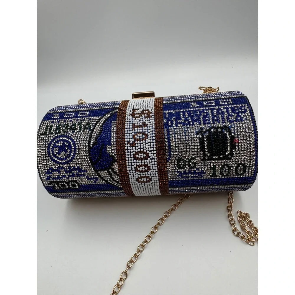 Rhinestone Money Roll Clutch Bag Blue‎ Gold Crystal Barrel Evening Purse